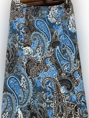 Susan Graver L Blue Paisley A-Line Pull-On Midi Skirt Stretch USA